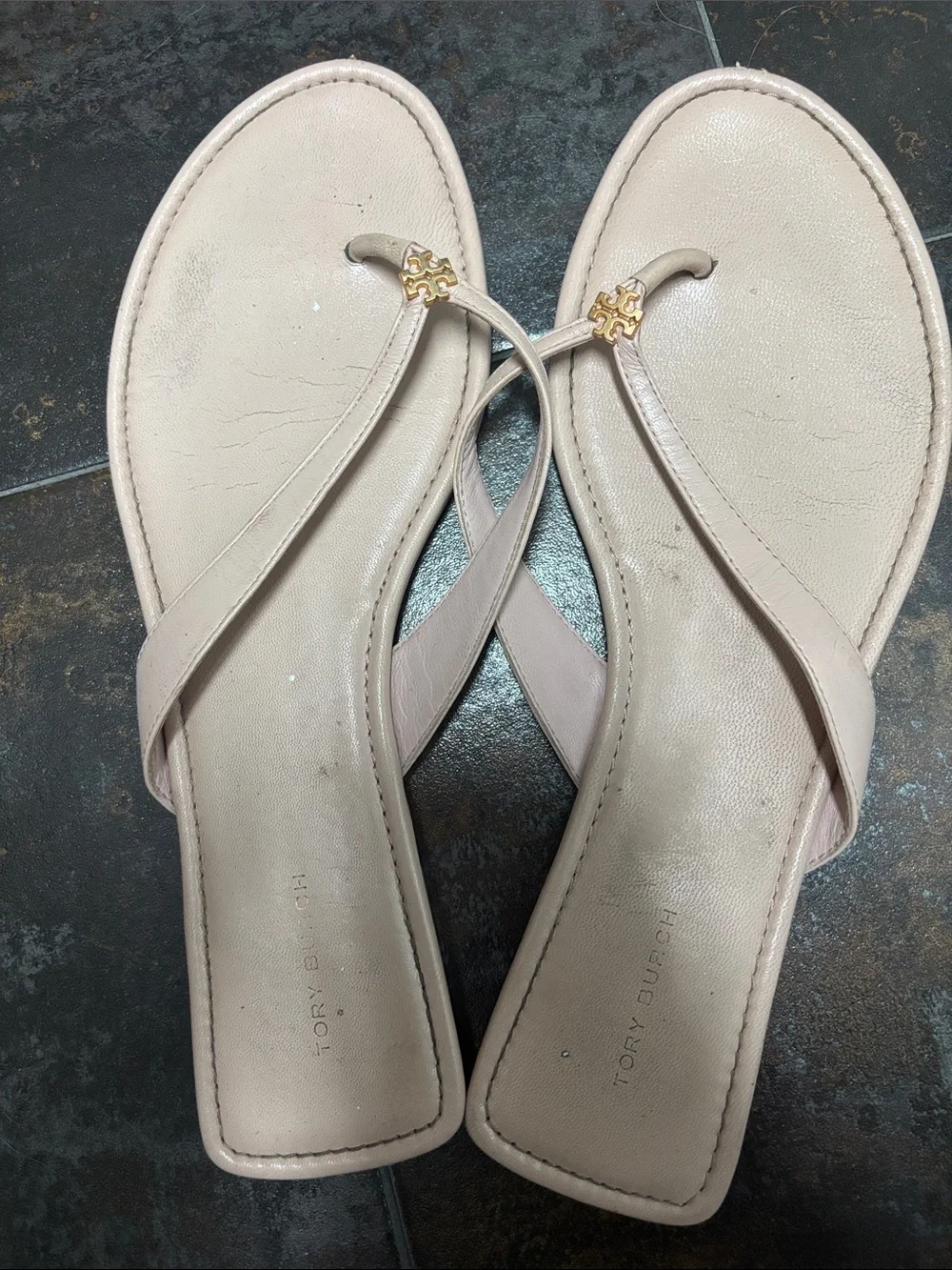Tory Burch Blush Leather Thong Sandals with Gold Logo